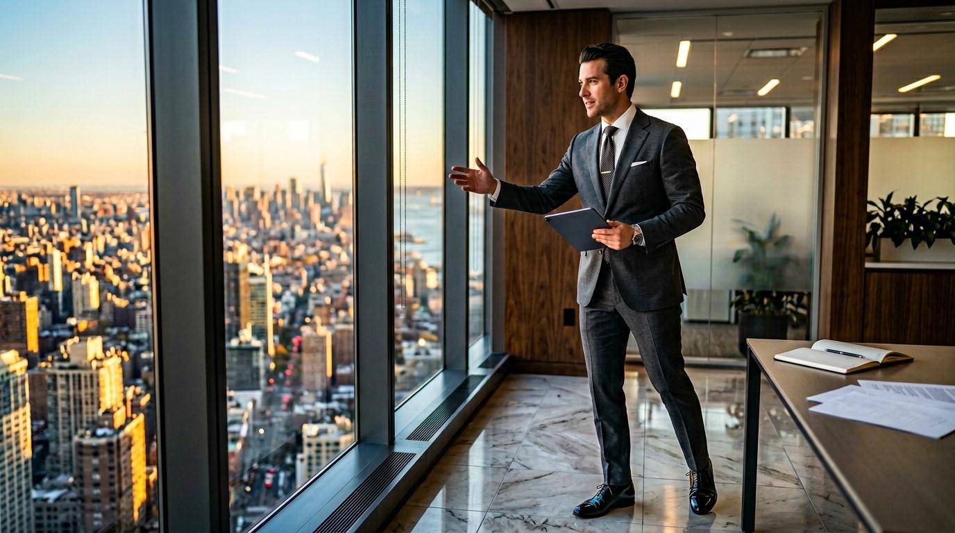 Homme d'affaires tenant une tablette devant une vue de ville