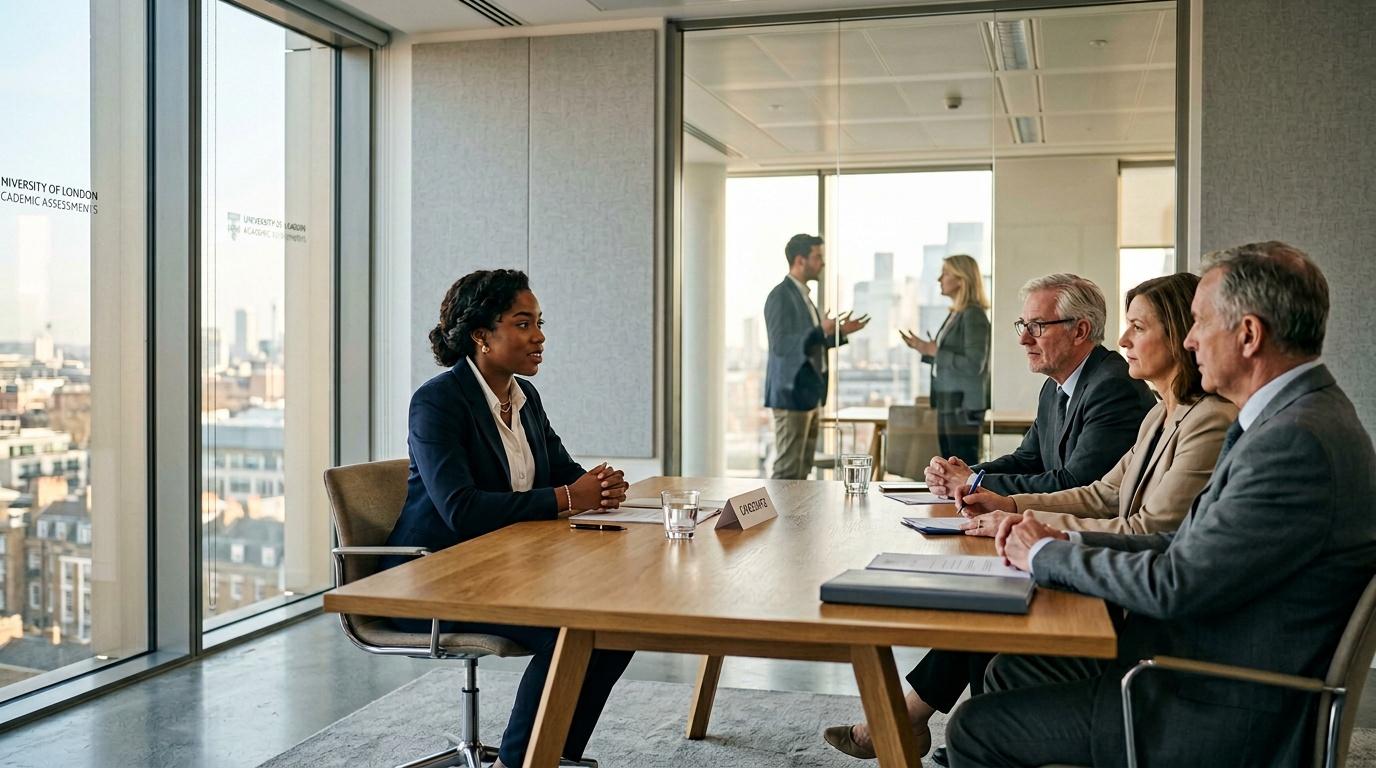 Femme en entretien face &agrave; trois recruteurs autour d'une table