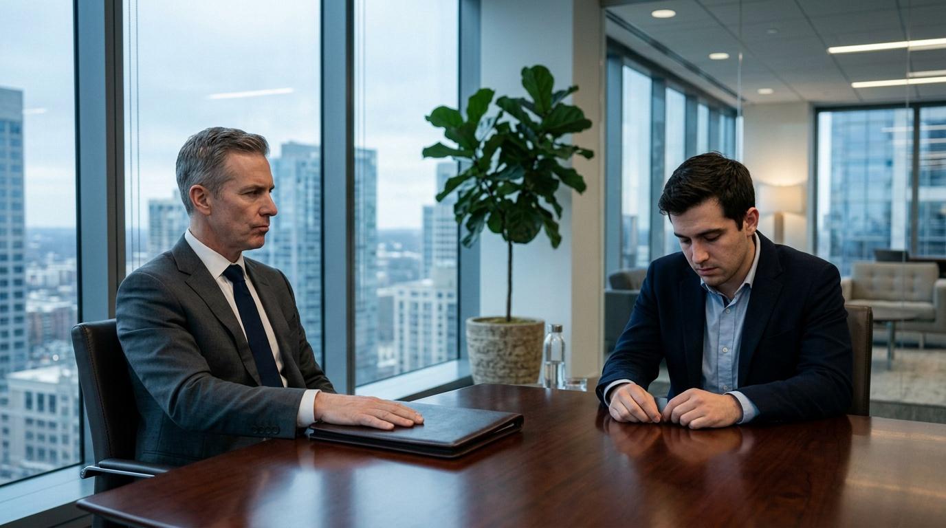 Deux hommes d'affaires discutent dans un bureau panoramique