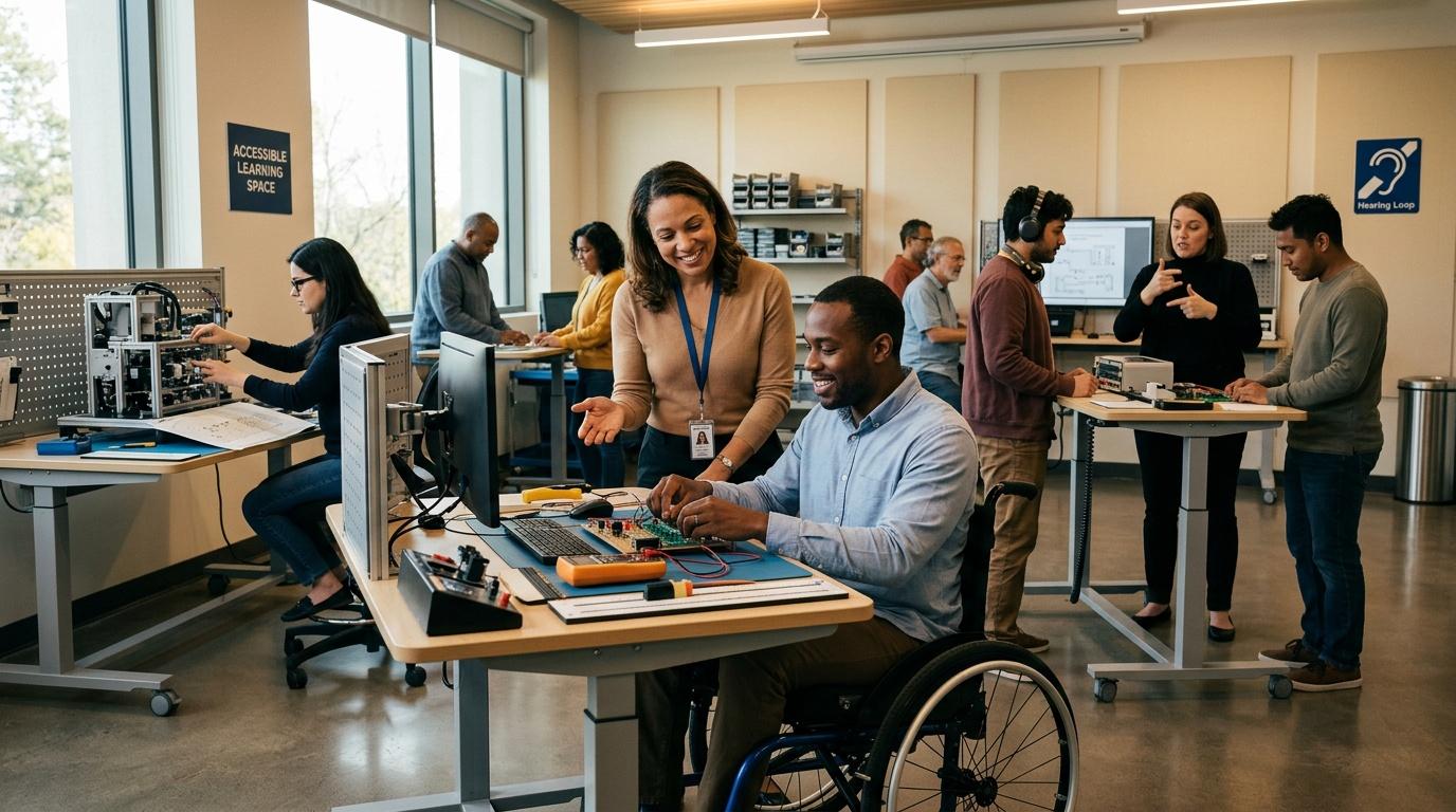 Groupe divers travaillant ensemble dans laboratoire technologique inclusif