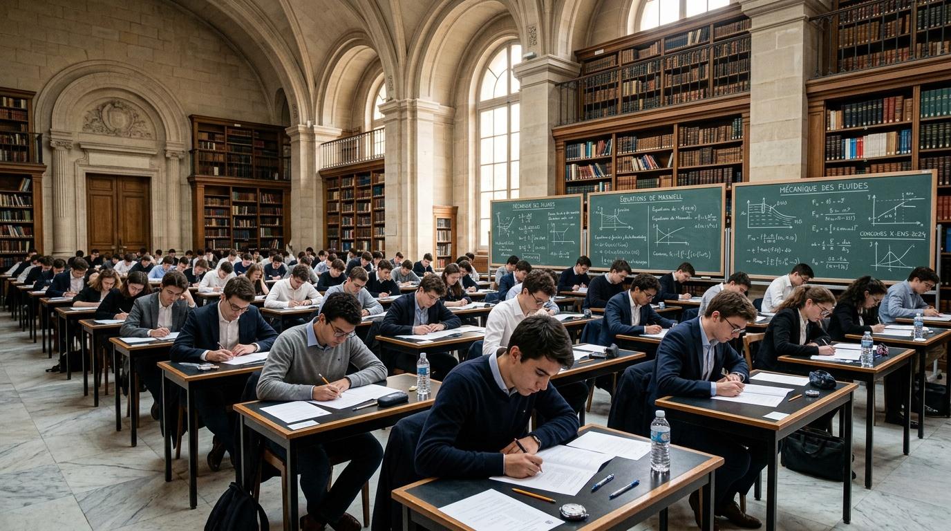 Étudiants passant un examen dans une grande salle de bibliothèque historique