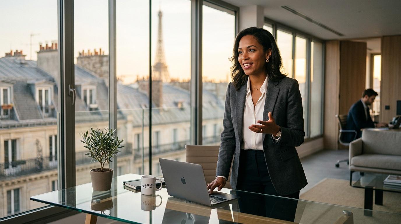 Femme en costume gris travaillant à son laptop, vue sur Paris