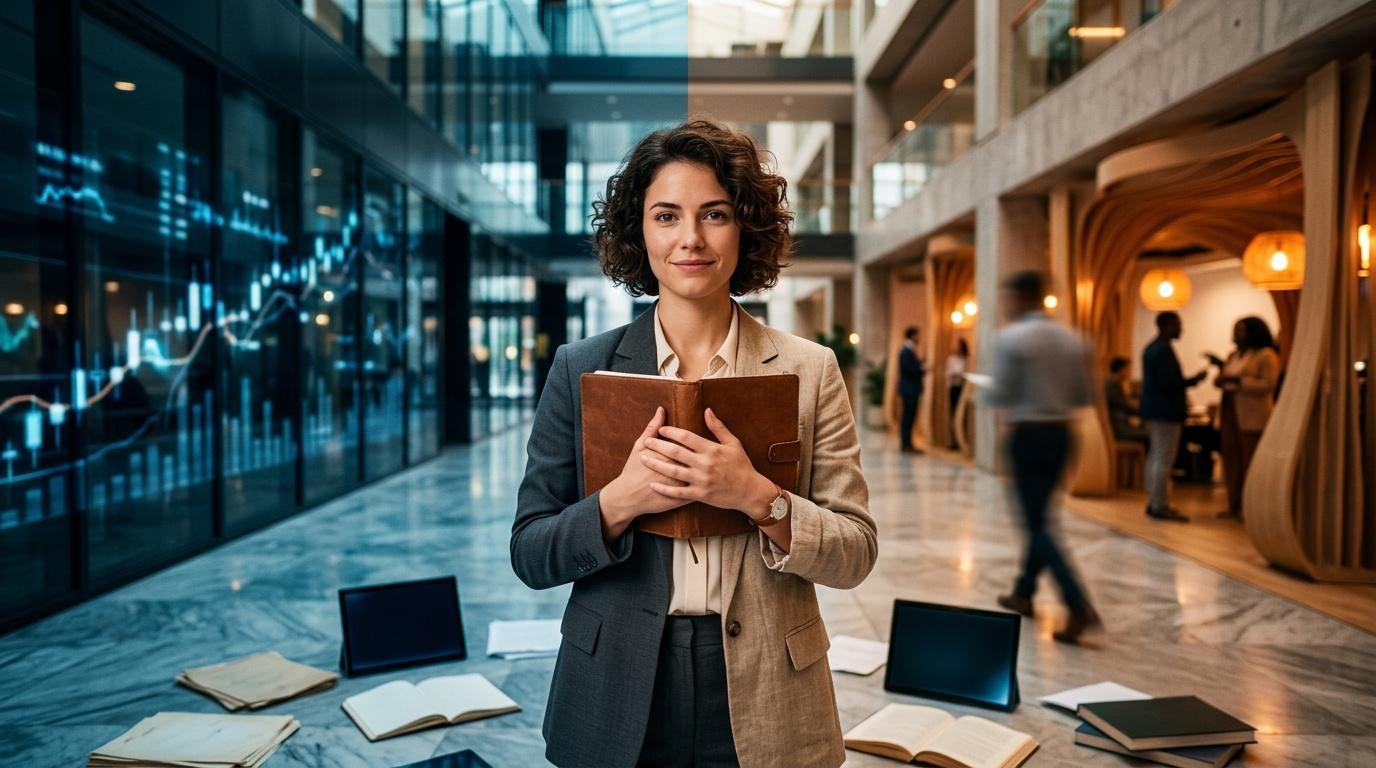 Femme professionnelle tenant un dossier dans un bureau contemporain