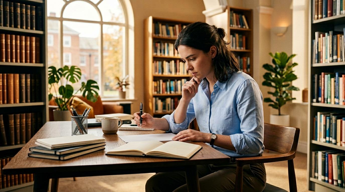 Femme en chemise bleue écrivant à une table dans une bibliothèque