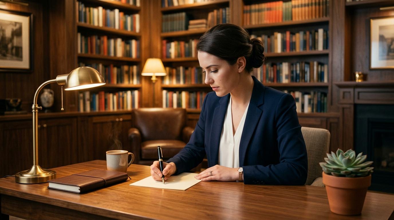 Femme en blazer bleu écrivant à son bureau dans une bibliothèque élégante