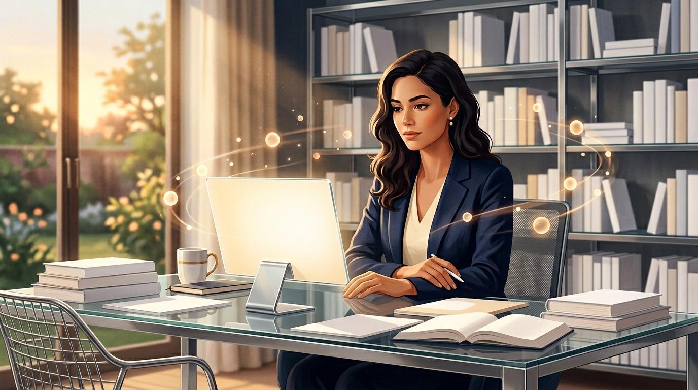 Femme en blazer bleu travaillant sur ordinateur portable au bureau moderne