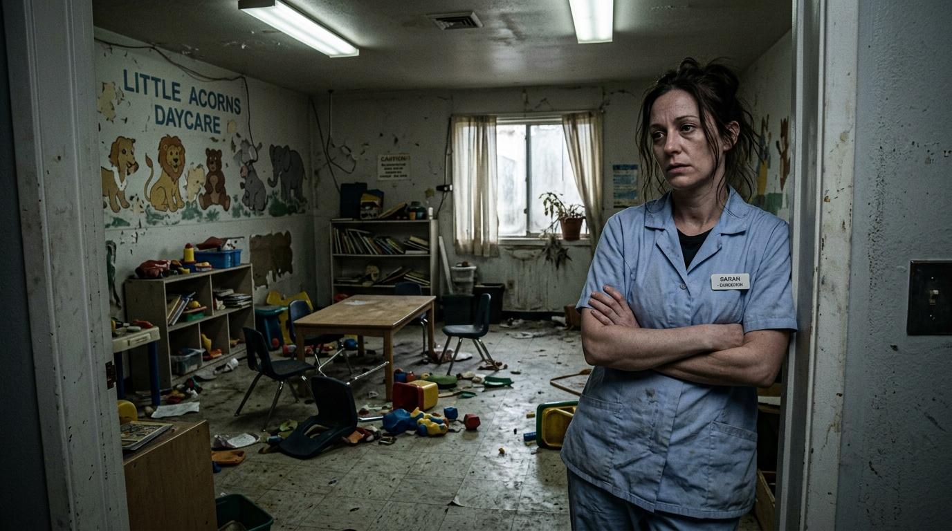 Femme en uniforme dans garderie délabrée et vide