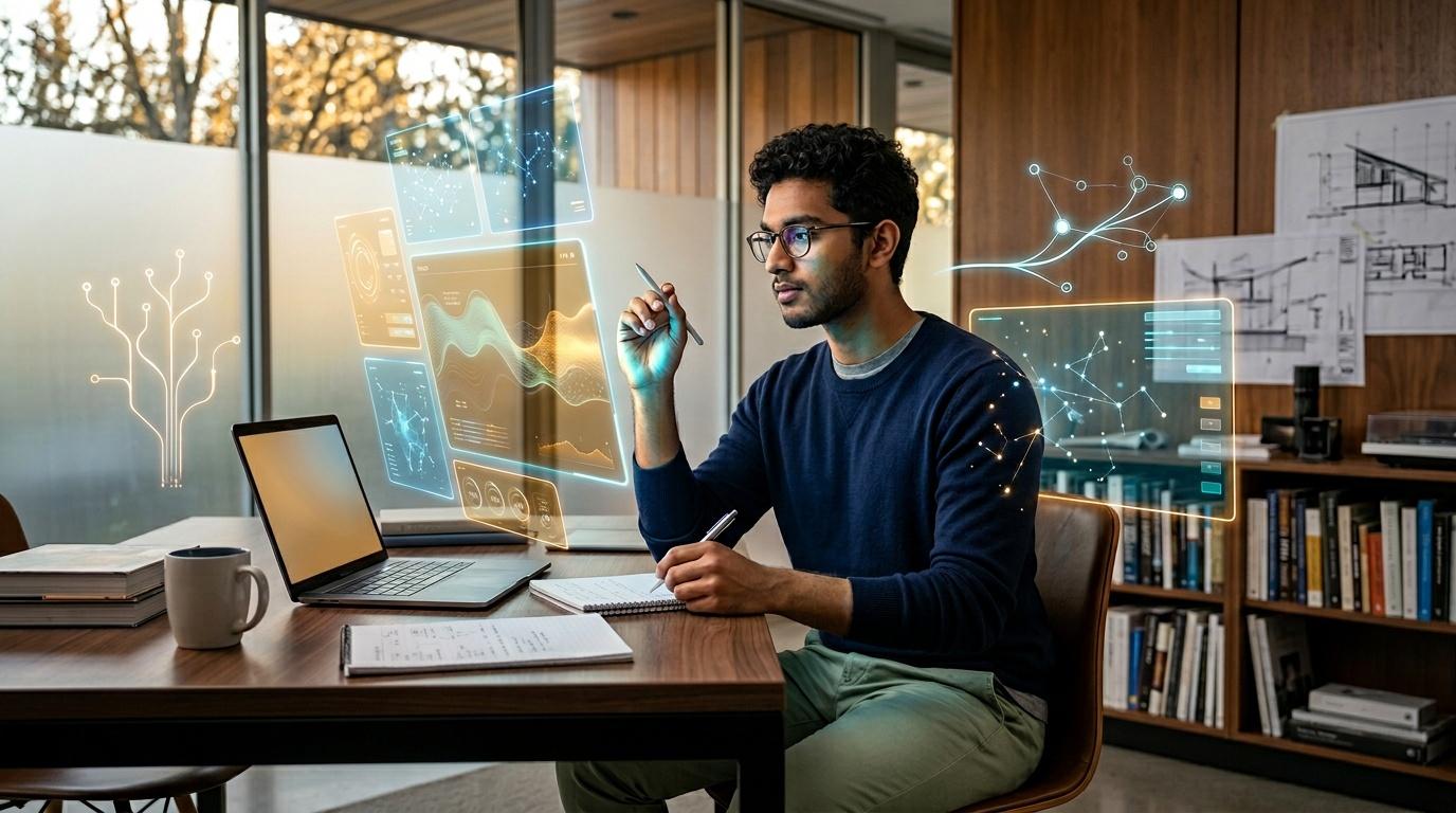 Homme travaillant avec interfaces num&eacute;riques holographiques futuristes