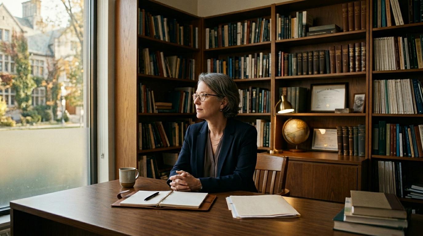 Femme r&eacute;fl&eacute;chie &agrave; son bureau avec biblioth&egrave;que personnelle