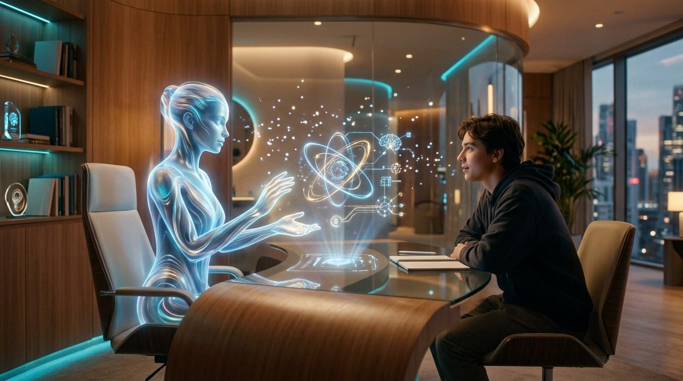 Homme en conversation avec hologramme IA futuriste luminescent