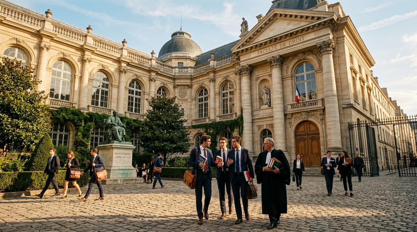 Avocats et juristes en toge devant bâtiment historique parisien