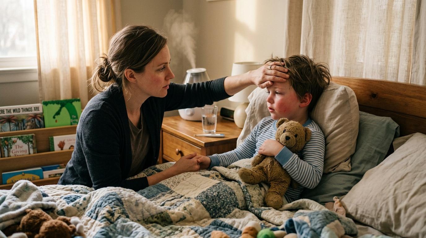 Une femme vérifie la fièvre d'un enfant au lit avec un ours en peluche