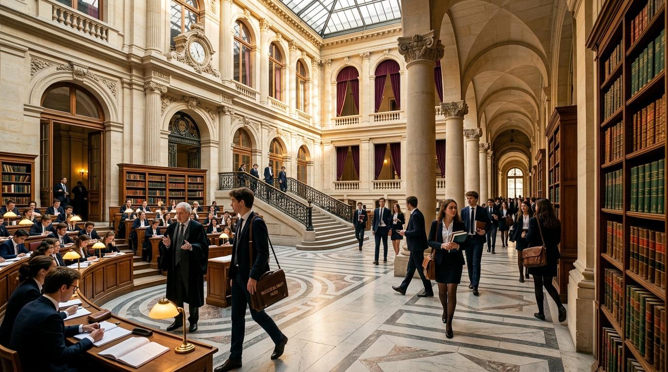 Avocats et magistrats dans un palais de justice majestueux.