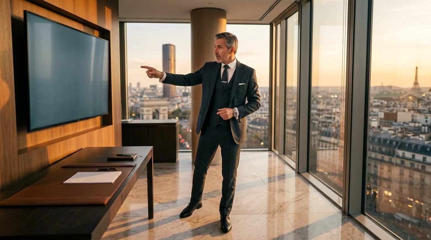 Homme d'affaires présentant devant écran, vue sur Paris
