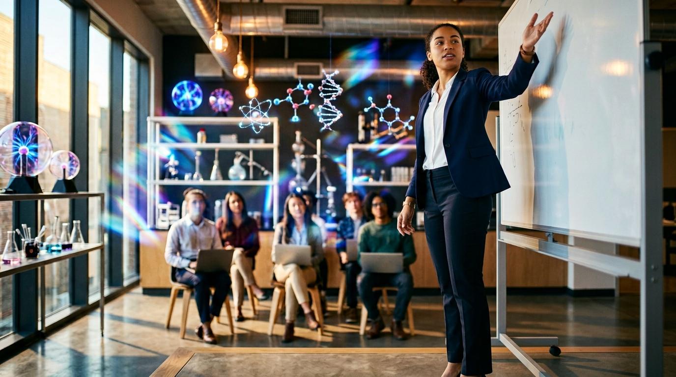 Femme présentant des concepts scientifiques à une audience attentive