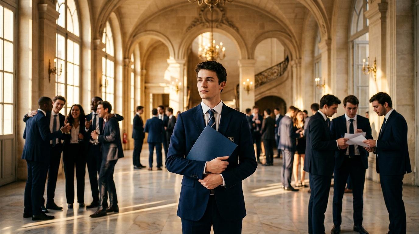 Homme en costume bleu tenant dossier dans corridor architectural