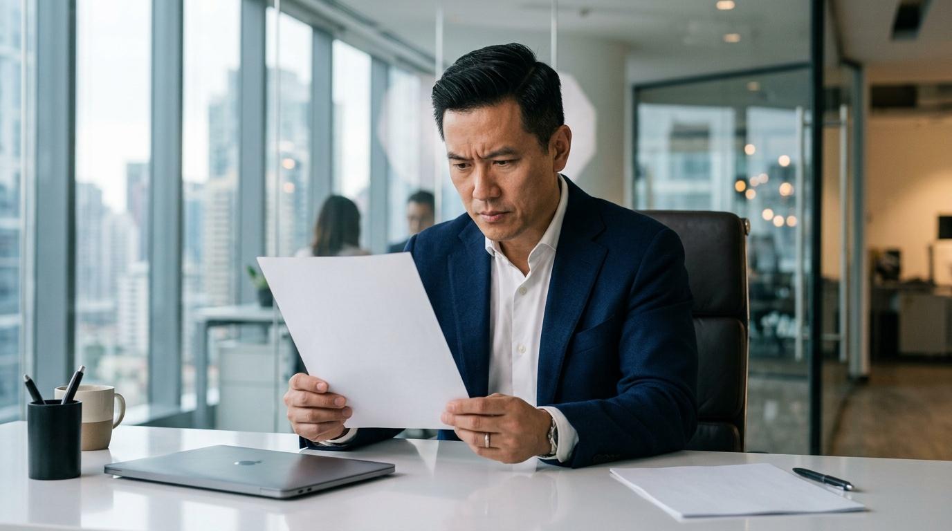 Homme d'affaires en costume lisant un document au bureau