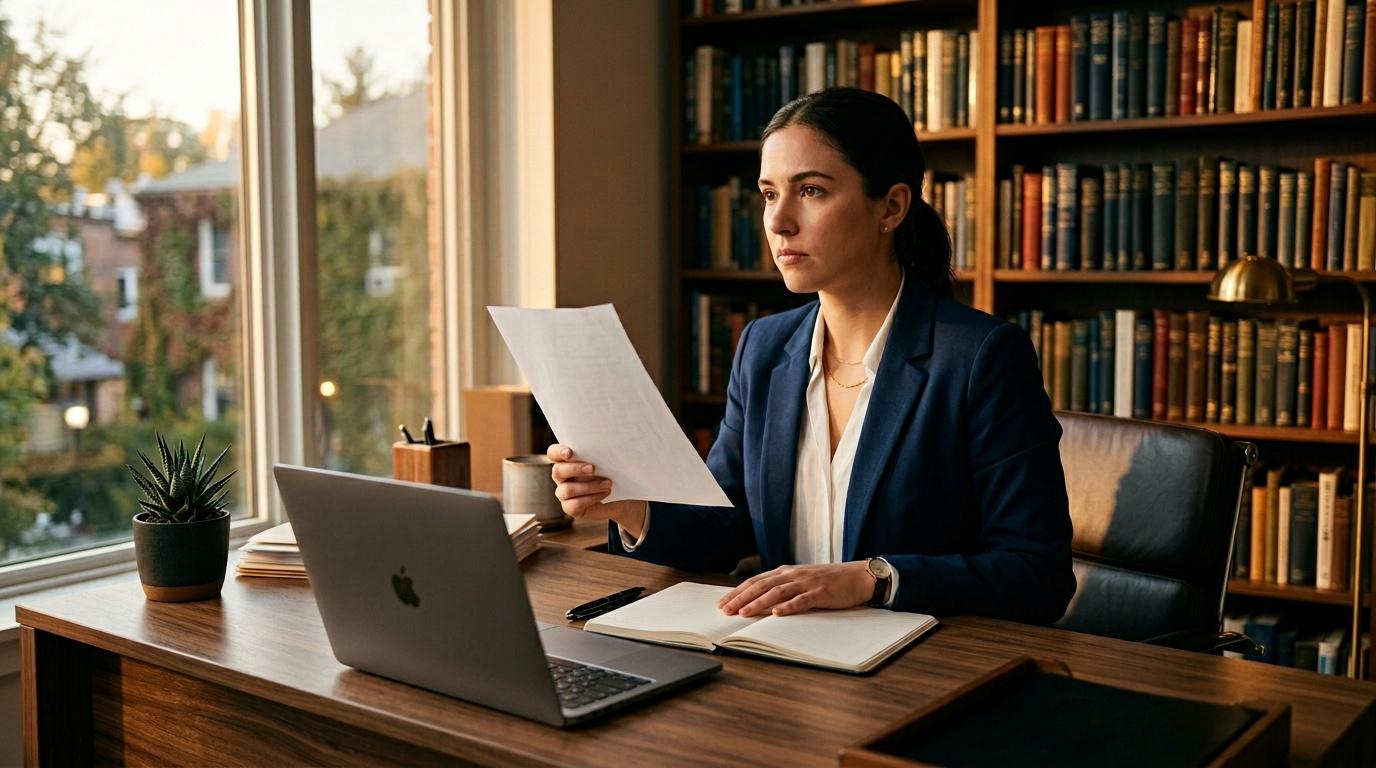 Femme en blazer bleu consultant documents près laptop