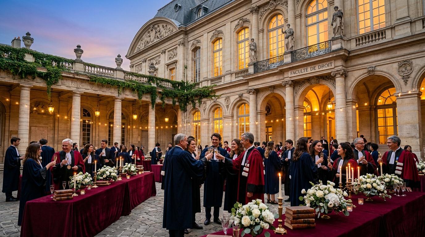 C&eacute;r&eacute;monie officielle dans une cour baroque avec participants en robes acad&eacute;miques