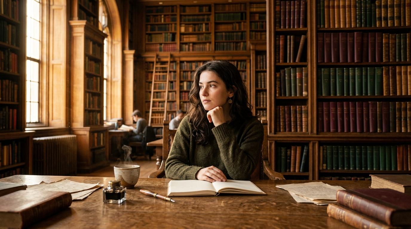 Femme pensif à table dans ancienne bibliothèque avec livres