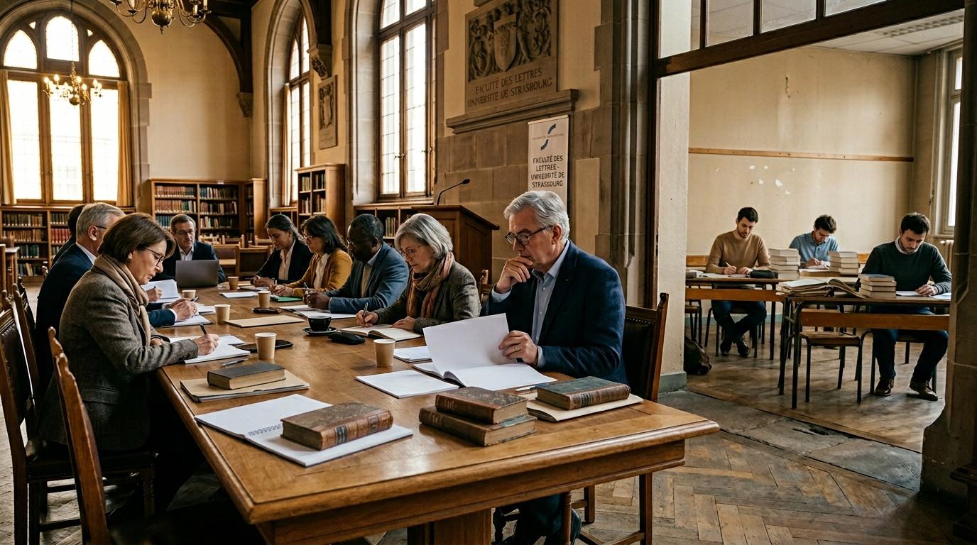 R&eacute;union de professeurs autour d'une table dans une biblioth&egrave;que historique