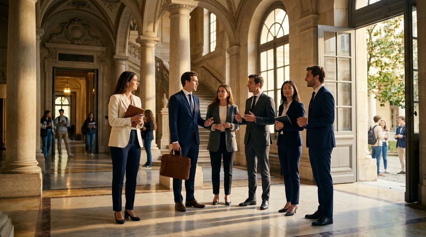 &Eacute;quipe de professionnels en costume discutant dans un couloir architectural.