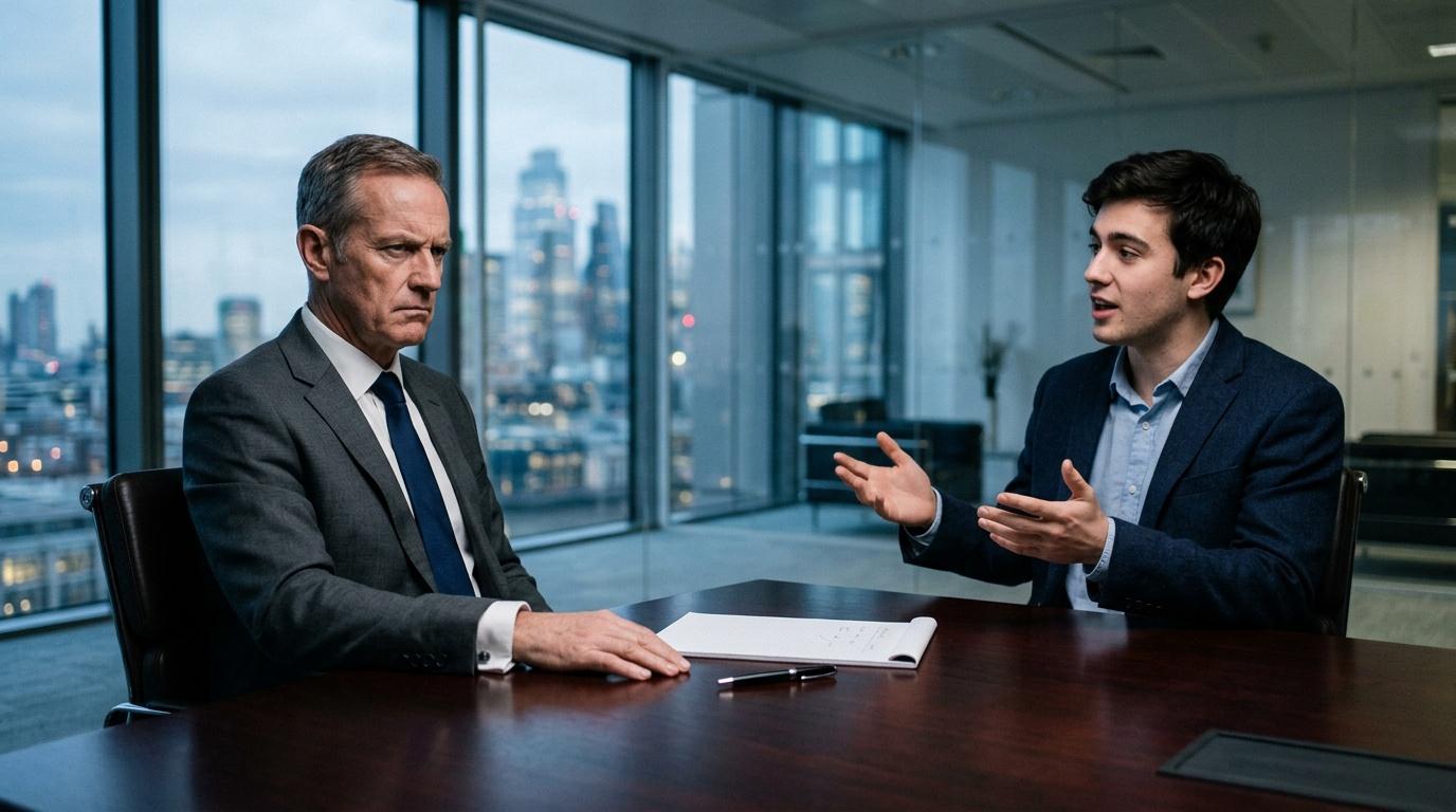 Deux hommes d'affaires discutent à une table avec vue urbaine