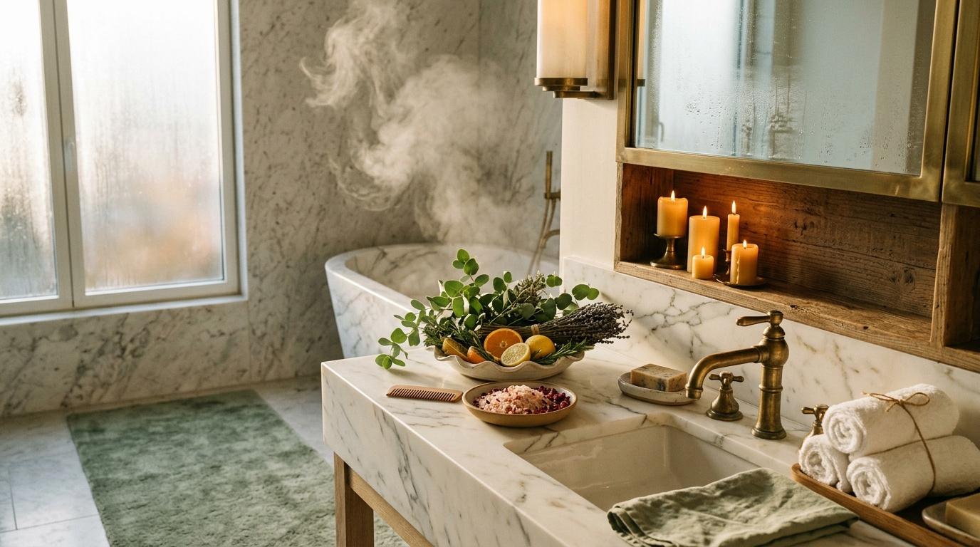 Salle de bain élégante avec baignoire marbre, bougies et accessoires wellness