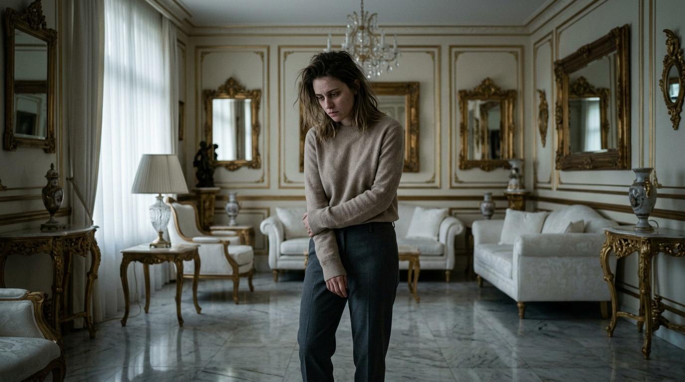 Femme pensive seule dans un salon rococo opulent