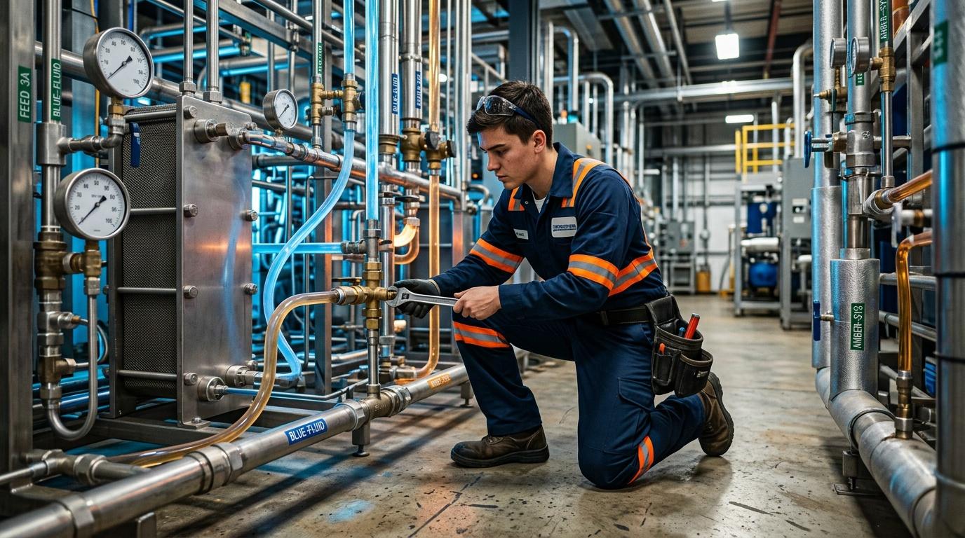 Ouvrier inspectant les tuyaux et raccords d'une installation industrielle