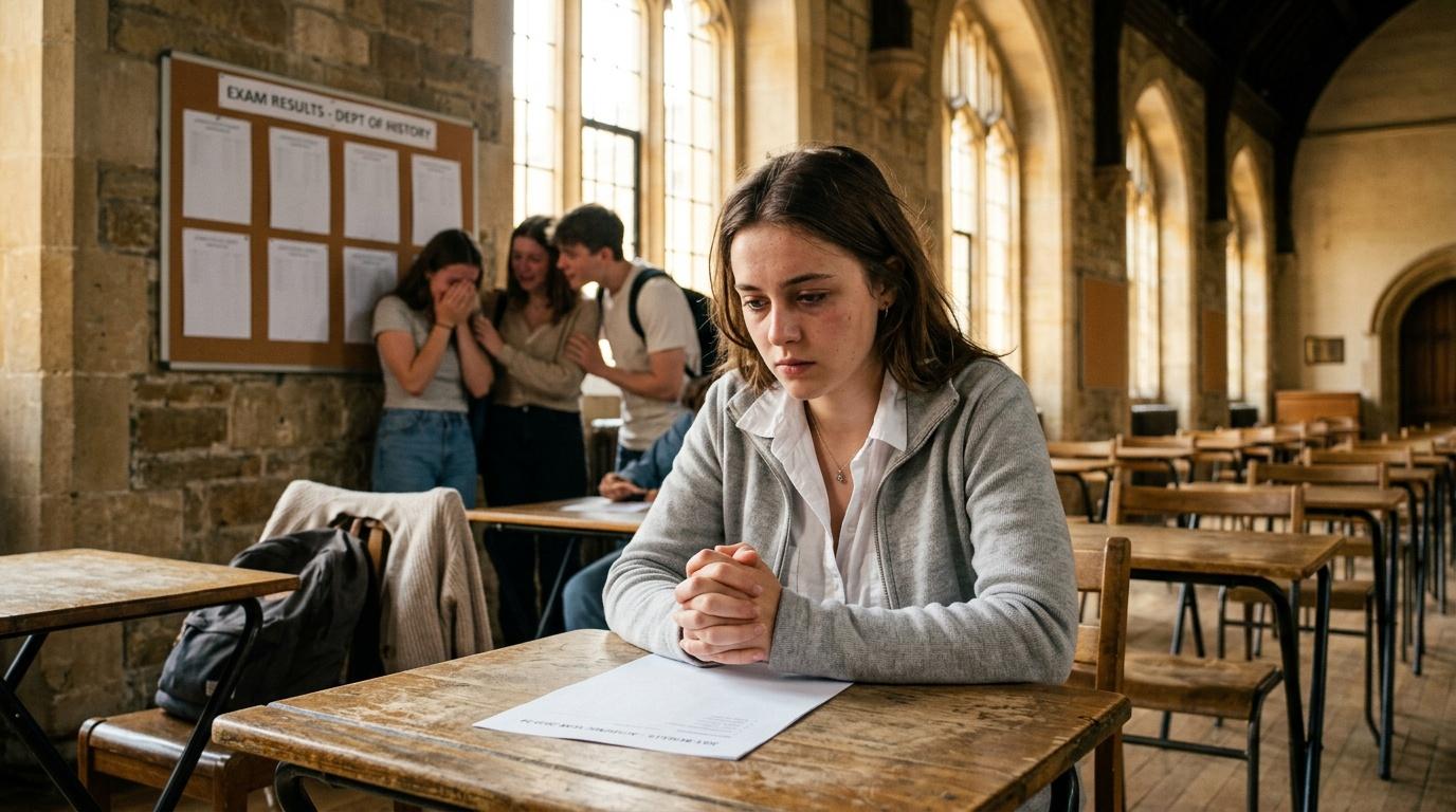 Jeune femme concentr&eacute;e &eacute;crivant lors d'un examen universitaire en classe