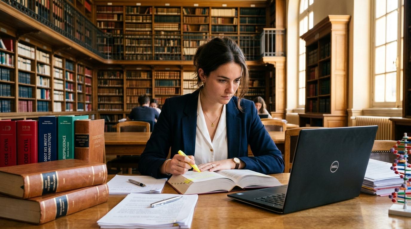 Femme &eacute;tudiant dans une biblioth&egrave;que avec livres et ordinateur