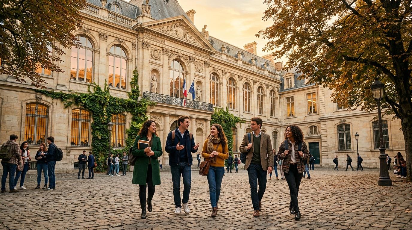 Cinq jeunes marchent dans cour historique parisienne automne