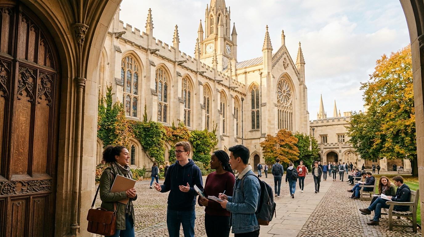 Groupe d'étudiants discutant devant une cathédrale gothique