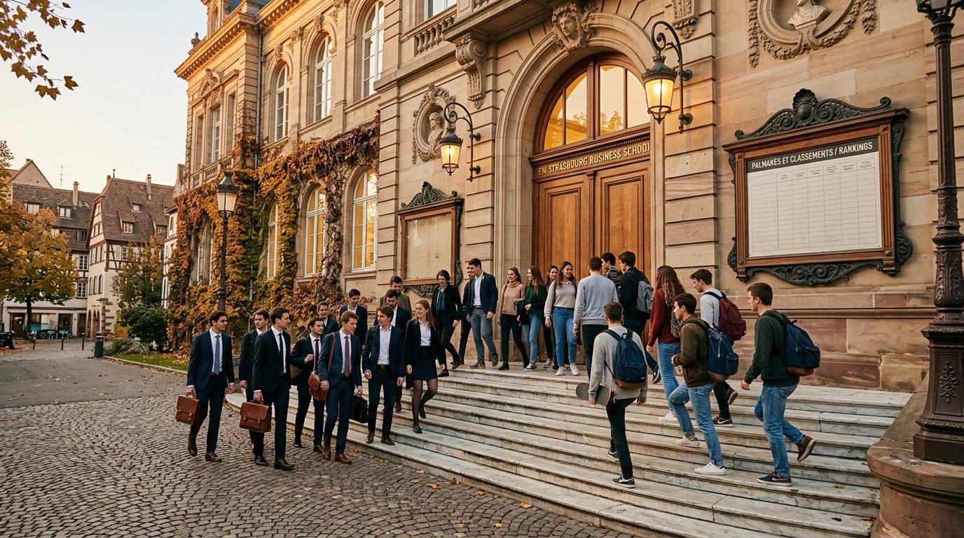 Groupe d'&eacute;tudiants rassembl&eacute;s devant un b&acirc;timent universitaire