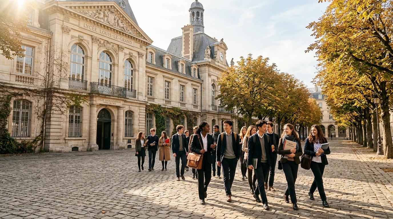 Groupe d'&eacute;tudiants marchant devant un b&acirc;timent historique parisien