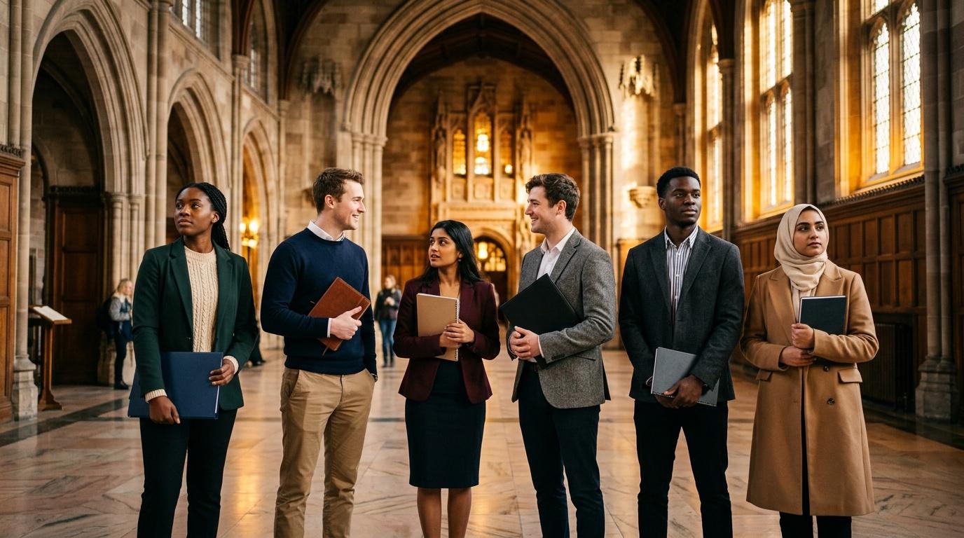 Groupe de six personnes de cultures diverses dans une cathédrale gothique