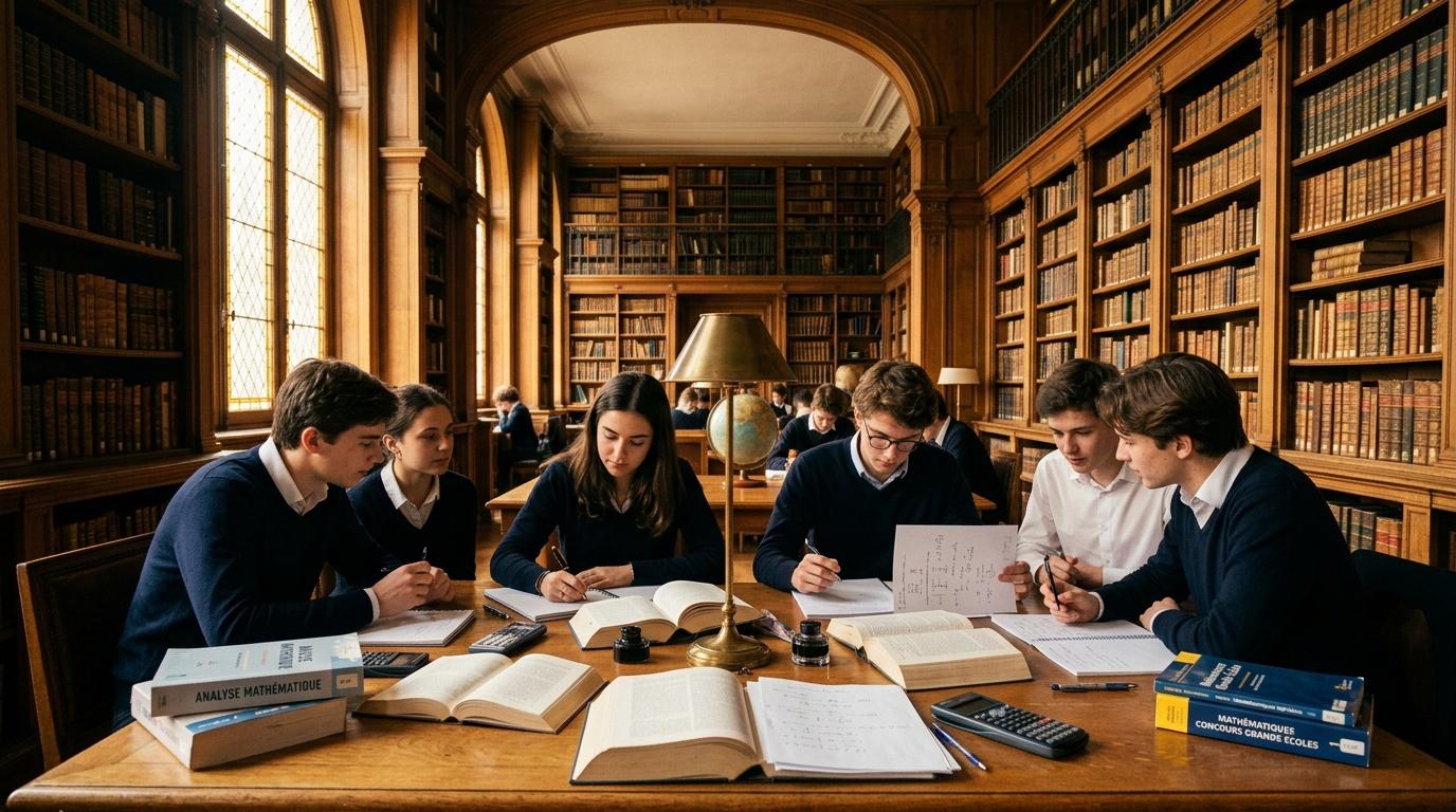 Groupe d'étudiants travaillant ensemble à une table dans une bibliothèque ancienne