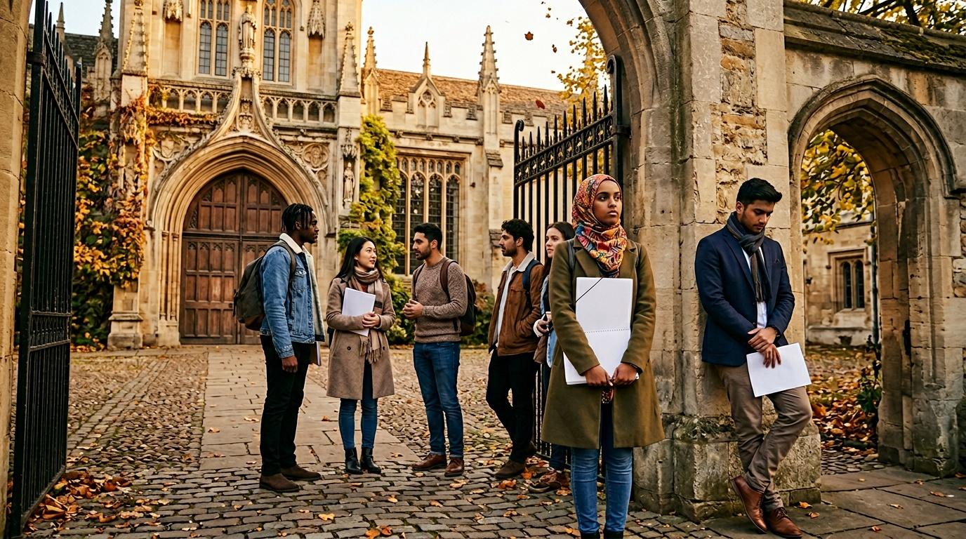 Groupe d'&eacute;tudiants multiculturels devant une cath&eacute;drale gothique