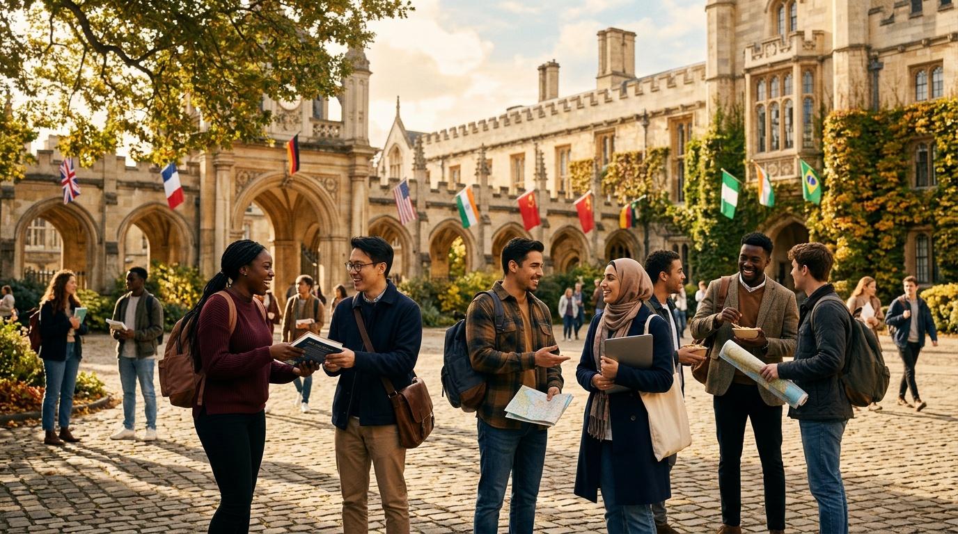 Groupe d'&eacute;tudiants multiculturels dans une cour universitaire historique