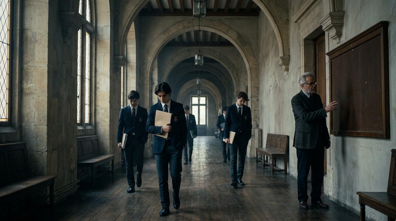 Groupe d'étudiants en uniforme marchant dans un corridor voûté.