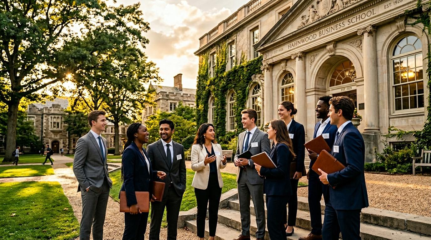 Groupe d'étudiants en costume devant bâtiment universitaire