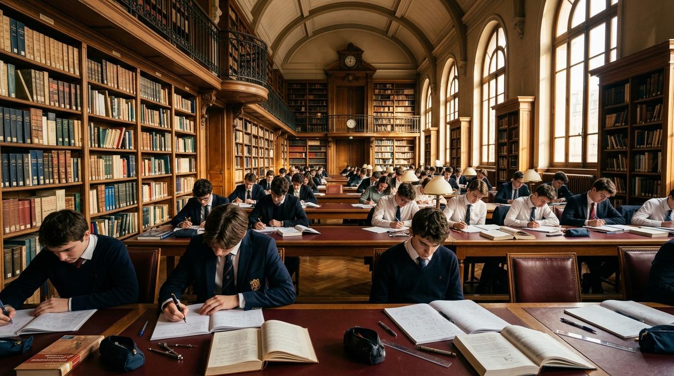 Groupe d'étudiants étudiant à des bureaux dans une grande bibliothèque.