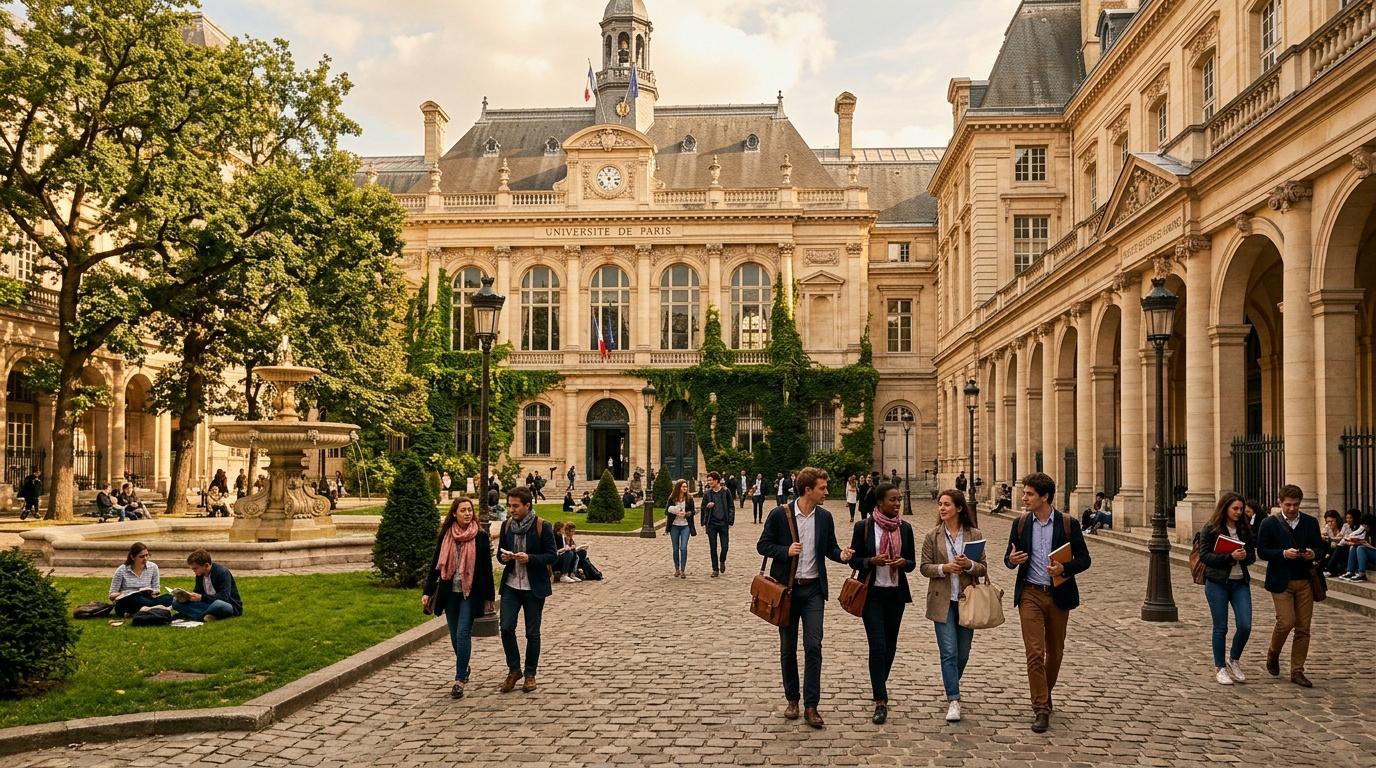 Cour universitaire parisienne avec étudiants et architecture classique