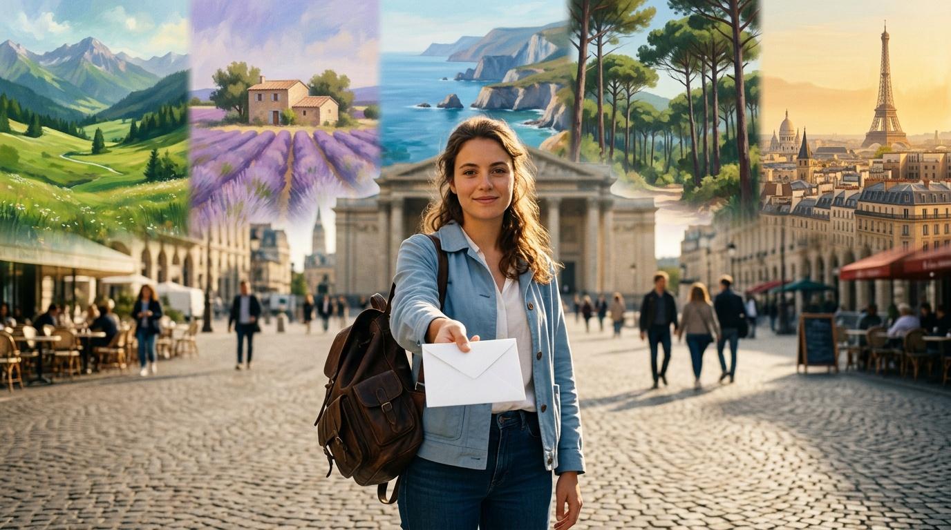 Jeune femme tenant une enveloppe devant monuments europ&eacute;ens
