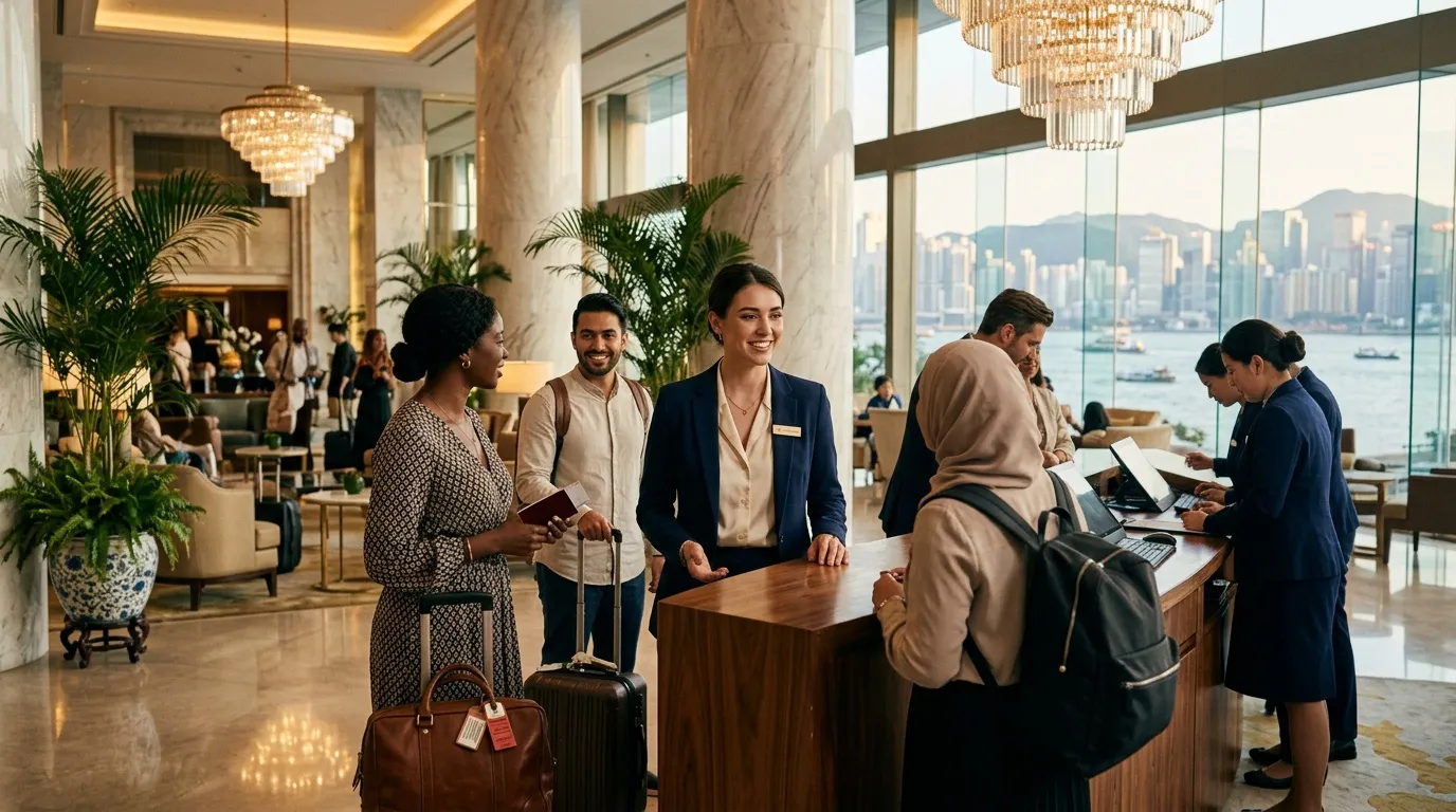 Clients et réceptionnistes dans un hall d'hôtel moderne avec vue panoramique