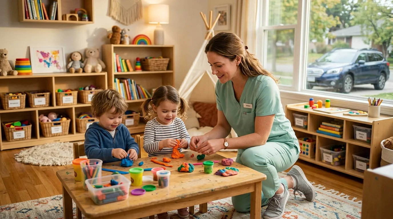 Éducatrice avec deux enfants faisant de la pâte à modeler colorée