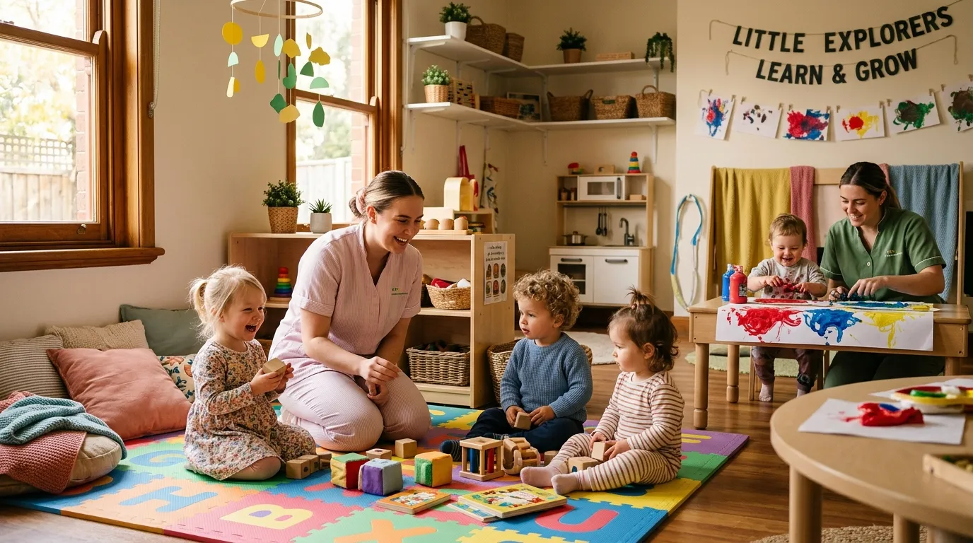 Educatrices et enfants jouent et apprennent ensemble dans une garderie colorée