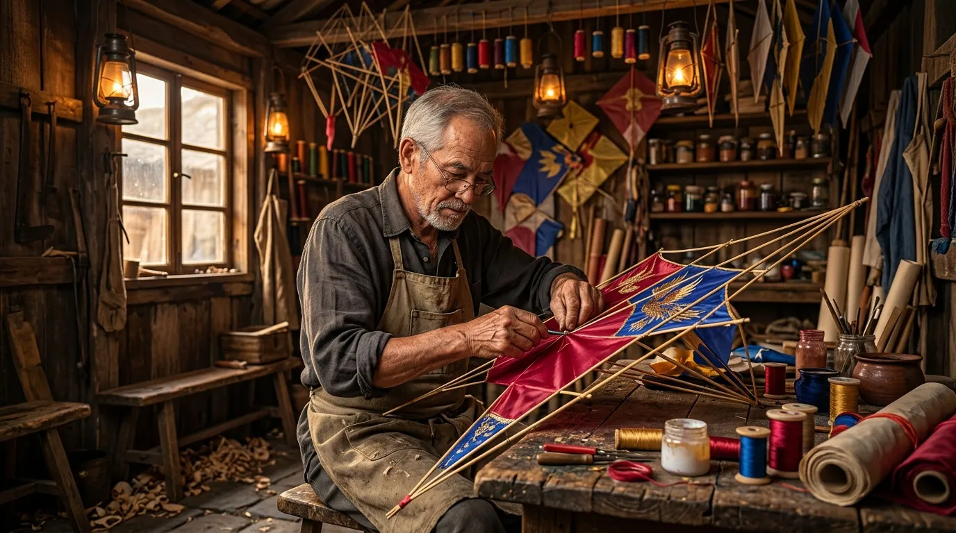 Homme âgé confectionnant un cerf-volant coloré dans son atelier