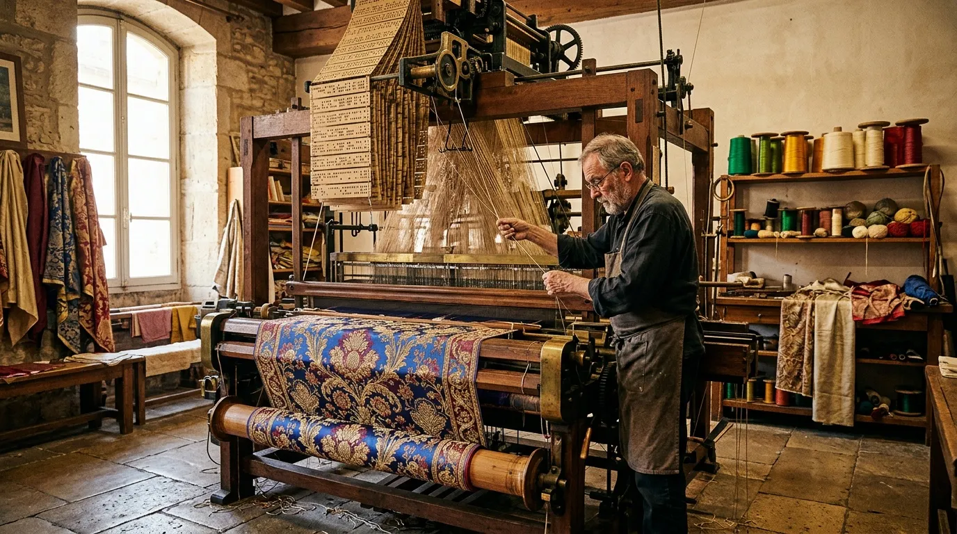 Tisserand âgé travaille sur métier à tisser jacquard